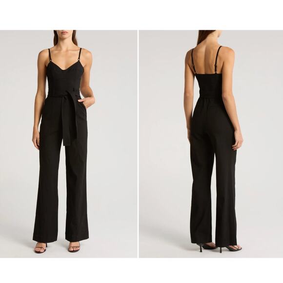 ALC Belted Mila Jumpsuit Linen-Blend Wide Leg Spaghetti Straps Black Size 12